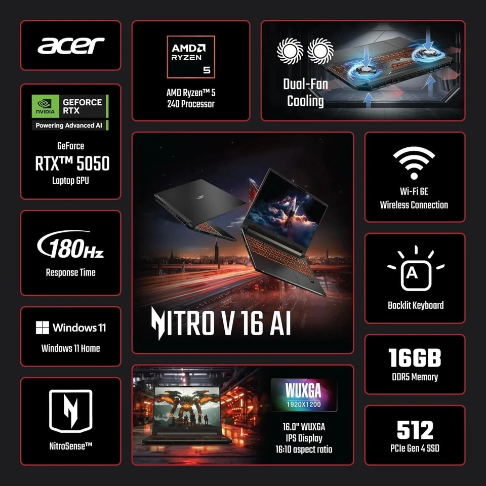 Acer Nitro V 16" 180Hz Gaming Laptop RTX 5050 AMD Ryzen 7 260 64GB RAM 2TB SSD - Image 2 of 4