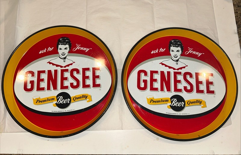 Set 2 Genesee Beer Rochester NY Vintage Canco Metal Bar Trays Ask for Jenny  12"