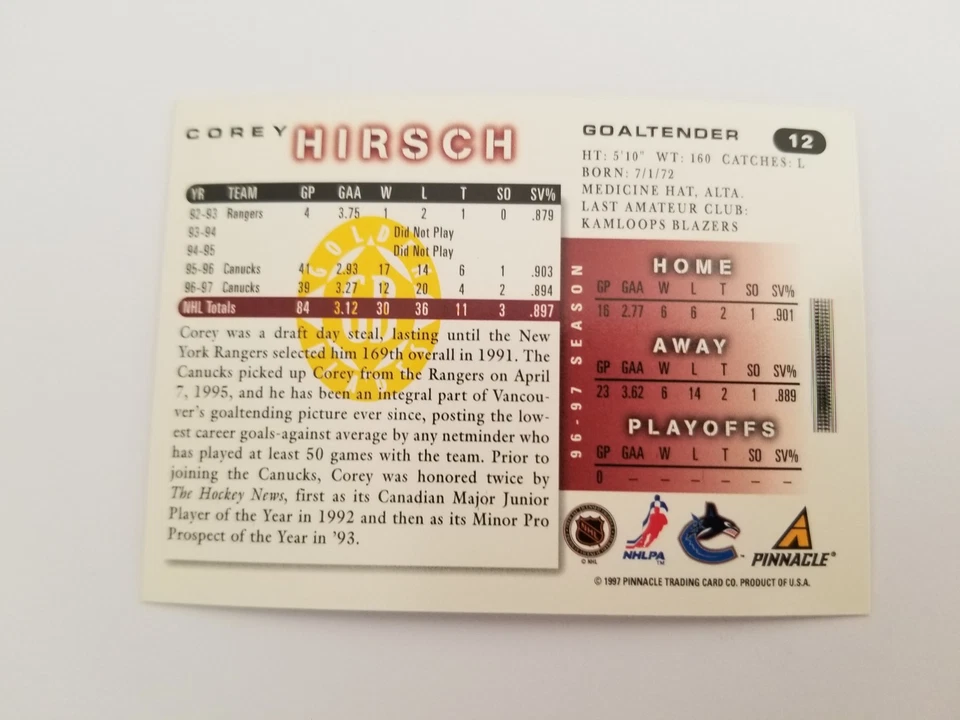 1997-98 Score Golden Blades Corey Hirsch #12 - Image 2 of 2