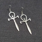Ankh Sword Large Statement Pierced Earrings Silver tone Dangle 2.25"