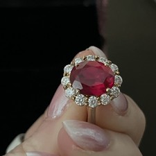 3.30Ct Oval Cut Ruby & Lab Grown Diamond Ring 14K Yellow Gold US Size 7/8