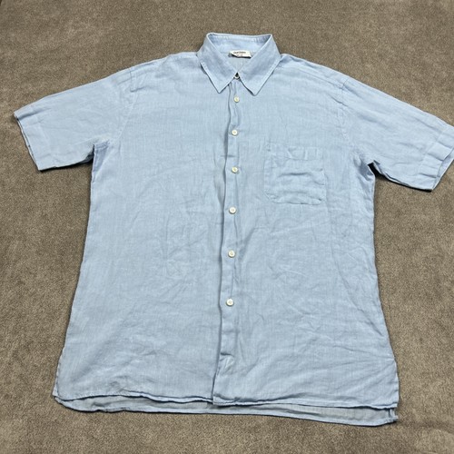 Camisa Gran Sasso Para Hombre Grande Azul 100% Lino Abotonada Manga Corta Italia - Imagen 2 de 9