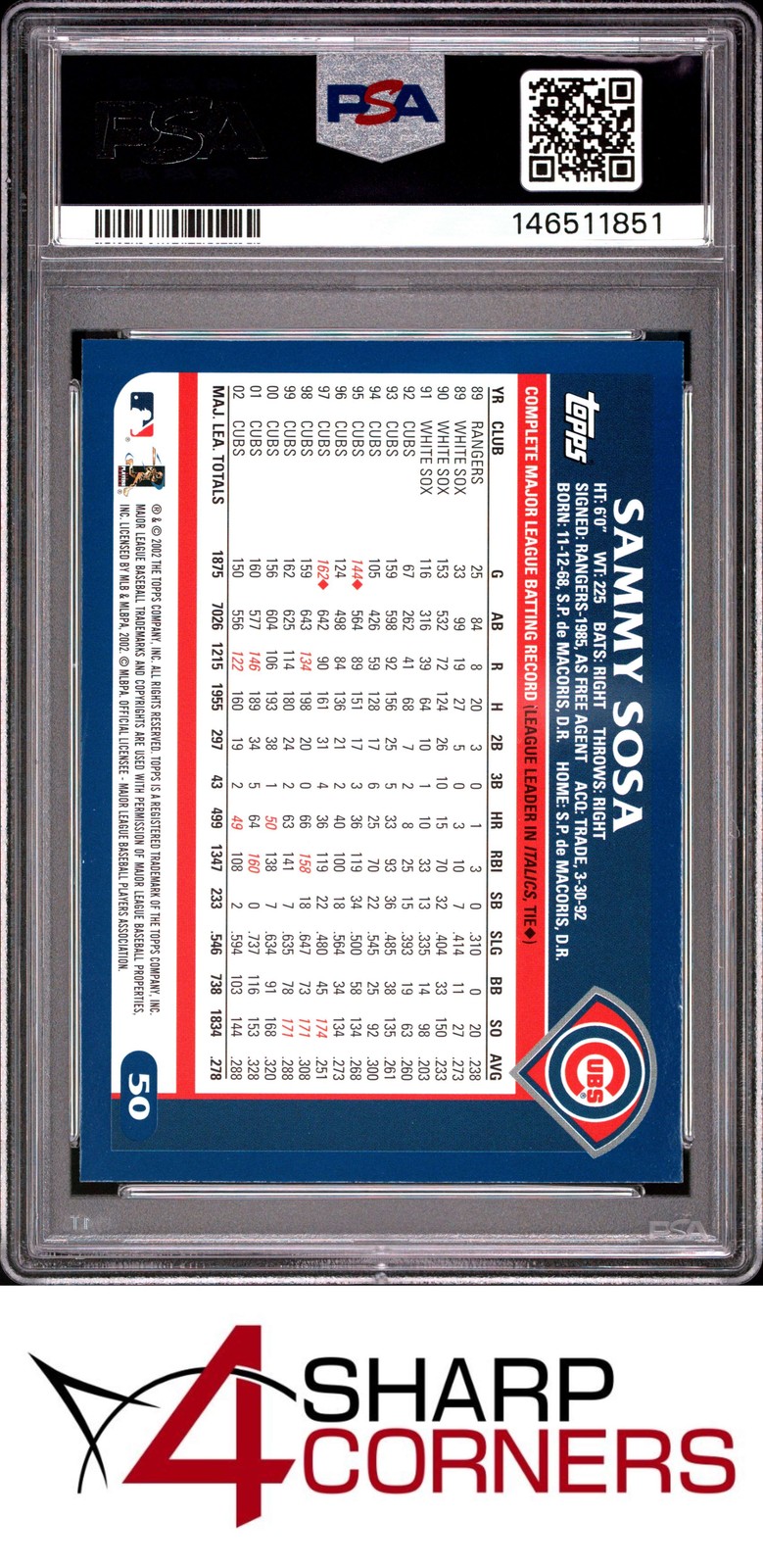 2003 TOPPS #50 SAMMY SOSA CUBS PSA 9 view 2