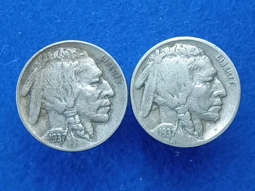 2x Lot 1937-D Buffalo Nickels Philadelphia 5c Five Cents Nickel Free Shipping!