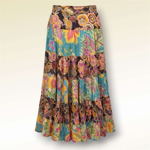Kamal Multicolor Tiered Boho Floral Maxi Skirt 100% Rayon Size Medium