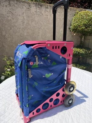 zuca Sport Pink Frame Blue Hearts Insert Upright rolling wheel school suitcase