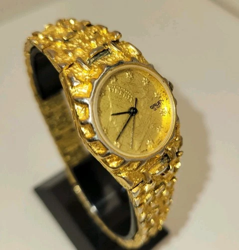 Gruen Liberty Coin Watch Quartz Movt Gold Nugget 8" Wrist Untested   Read