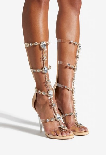 Lanna by SHOEDAZZLE Jeweled knee high 4.75" clear heel gladiator sandals, SZ 7