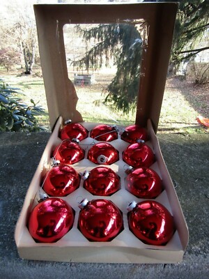 12 x Vintage Red Coby Glass Christmas Ornaments- USA- Original Box