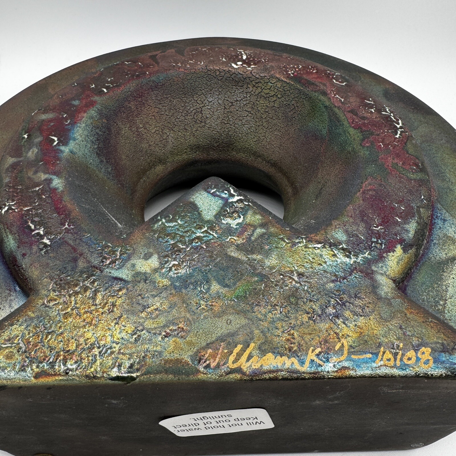 Signed William K Turner Studio Art Pottery Raku Round Iridescent Table Vase