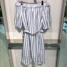 NWT Michael Kors Stripped Linen Off-the-shoulder Dress Size XS White Blue Linen