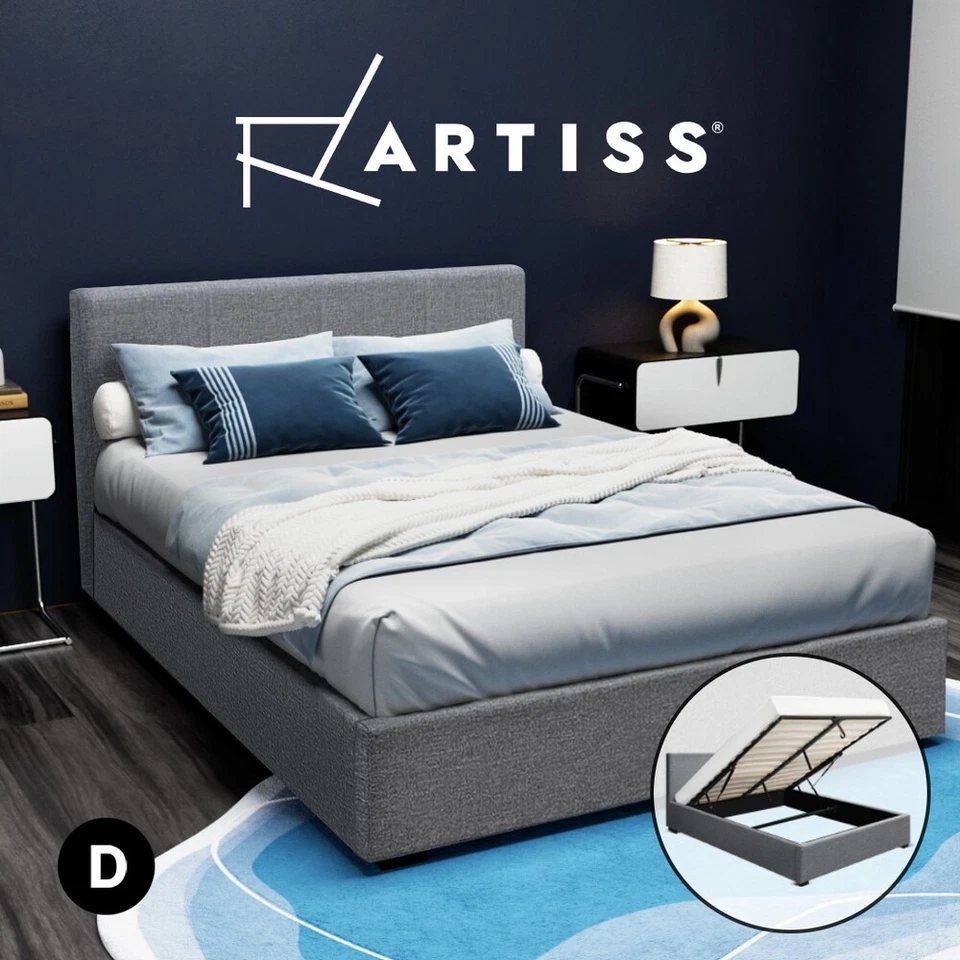 Artiss Bed Frame Double Size Gas Lift Storage Mattress Base Wooden Grey NINO