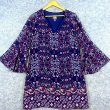 Vince Camuto Shift Dress Sz 10 Blue Floral Mosaic Boho 3/4 Bell Sleeves Chiffon