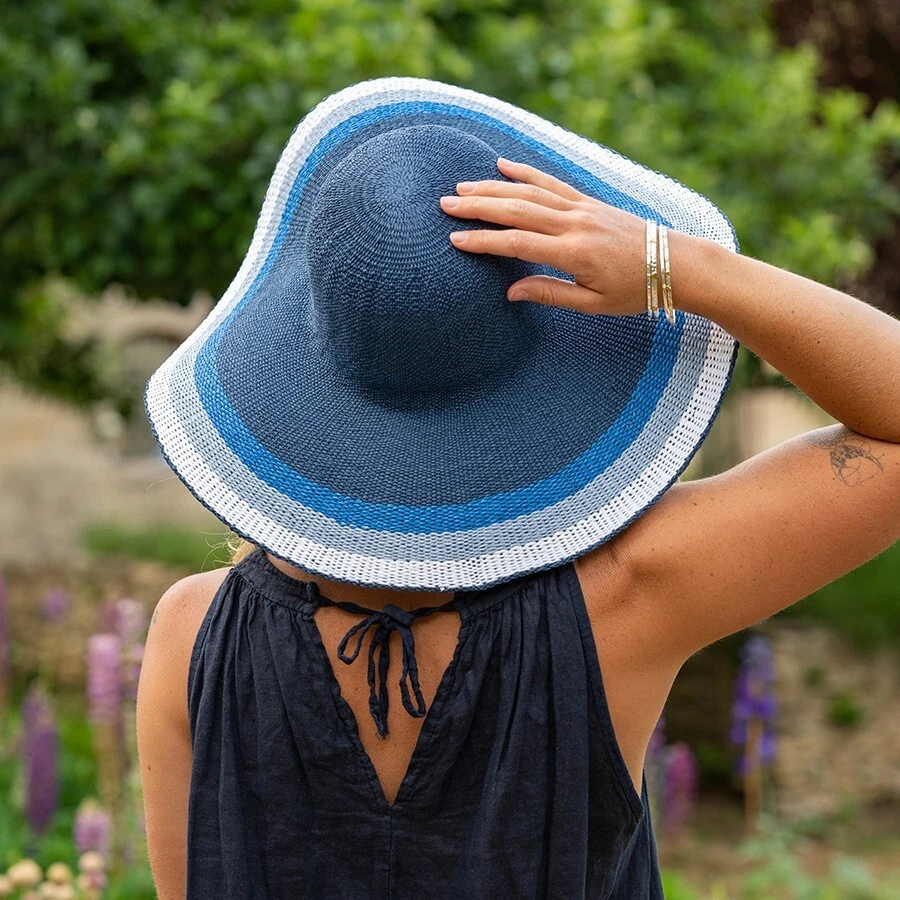 Womens Wide Brim Sun Hat Navy Blue Stripe Summer Beach Hat Faux Leather Trim