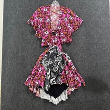 Free People Dark Star Dress Women's Small Pink Black Floral Mini Wrap Cutout