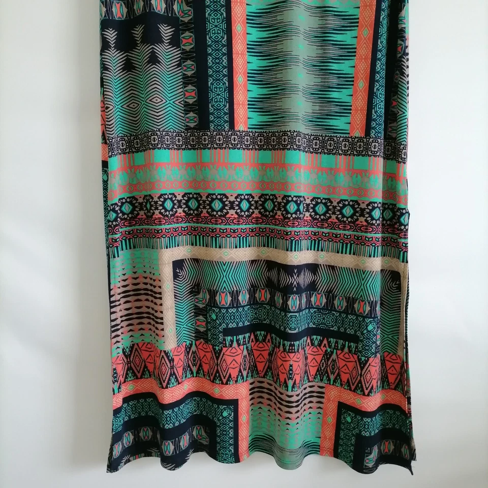 Maxi falda geométrica elástica con abertura acampanada lateral multicolor Vanity para mujer talla L Foto 3 de 4