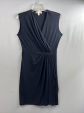 Michael Kors Dress Women's Size XS Navy Sleeveless Faux Wrap Pleated Stretch