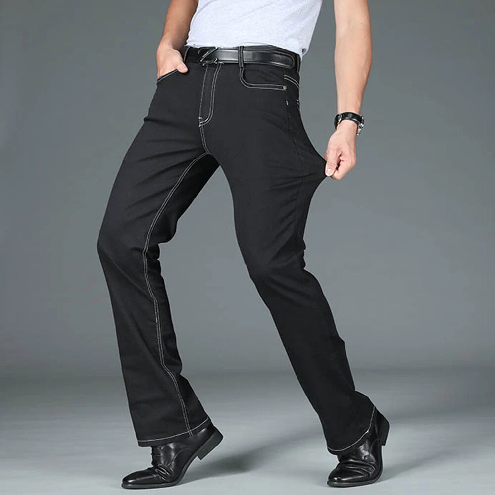Men Flare Bell Bottom Denim Jeans Pants Stretch Slim Fit Bootcut Trousers Black