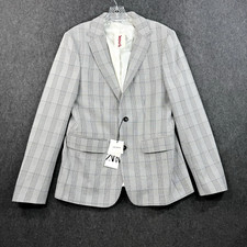 Zara Blazer Women's 40 Gray Plaid 4 Way Stretch Double Breasted Two Buttons