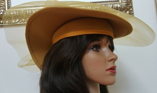 Vintage Yellow Mustard Color Wool Hat With Mesh Flower Wide Rim & Mesh Edge USA - Picture 7 of 11