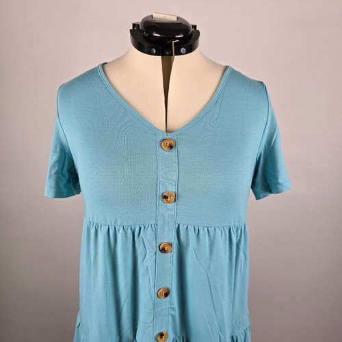 Kojooin Dress Women's Large Blue Ruffle Tiered Short Sleeve Button Detail VNeck - Picture 3 of 14