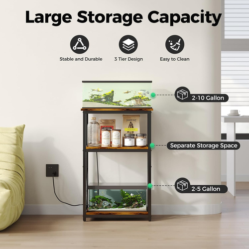 10 Gallon Fish Tank Stand with Power Outlet, 3 Tier Aquarium Stand with Shelf, T - Picture 2 of 7