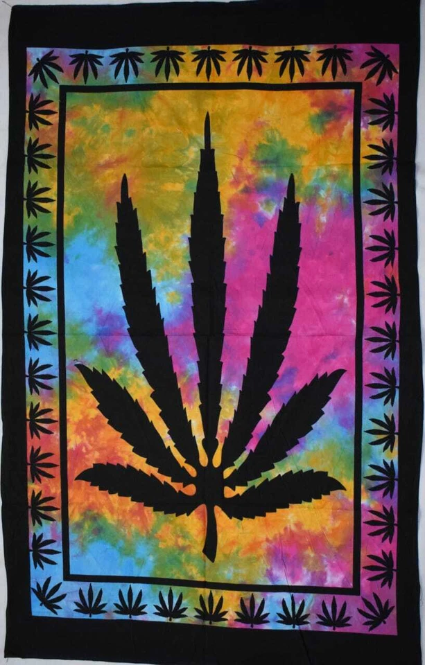 Póster tapiz de algodón colgante en la pared hoja de marihuana hermoso diseño arte indio Foto 2 de 3