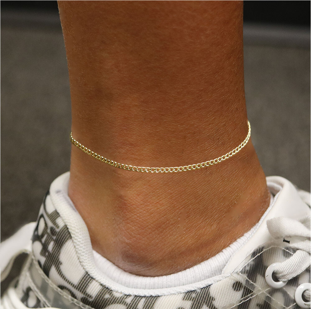 2MM Solid Italian 14K Yellow Gold Curb Cuban Anklet 10