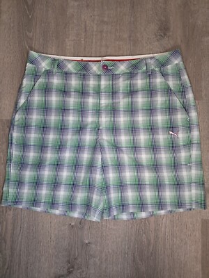 Puma Golf Shorts Mens 38 USP Dry Tech White Green Purple Checker Flat Front 