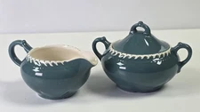 Harker Ware Corinthian Dark Teal Green Cream and Sugar Set White Gadroon Edge