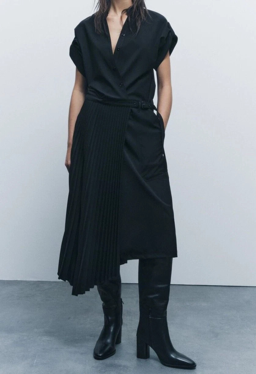 ZARA WOMAN SIZE M MIDI ZW COLLECTION DRESS WITH PLEATED SKIRT BLACK 4786/339 NEW thumbnail 7