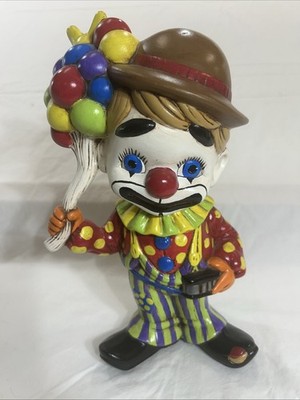 Vintage Ceramic Boy Clown With Balloons Figurine Hand Painted Colorful Whimsical