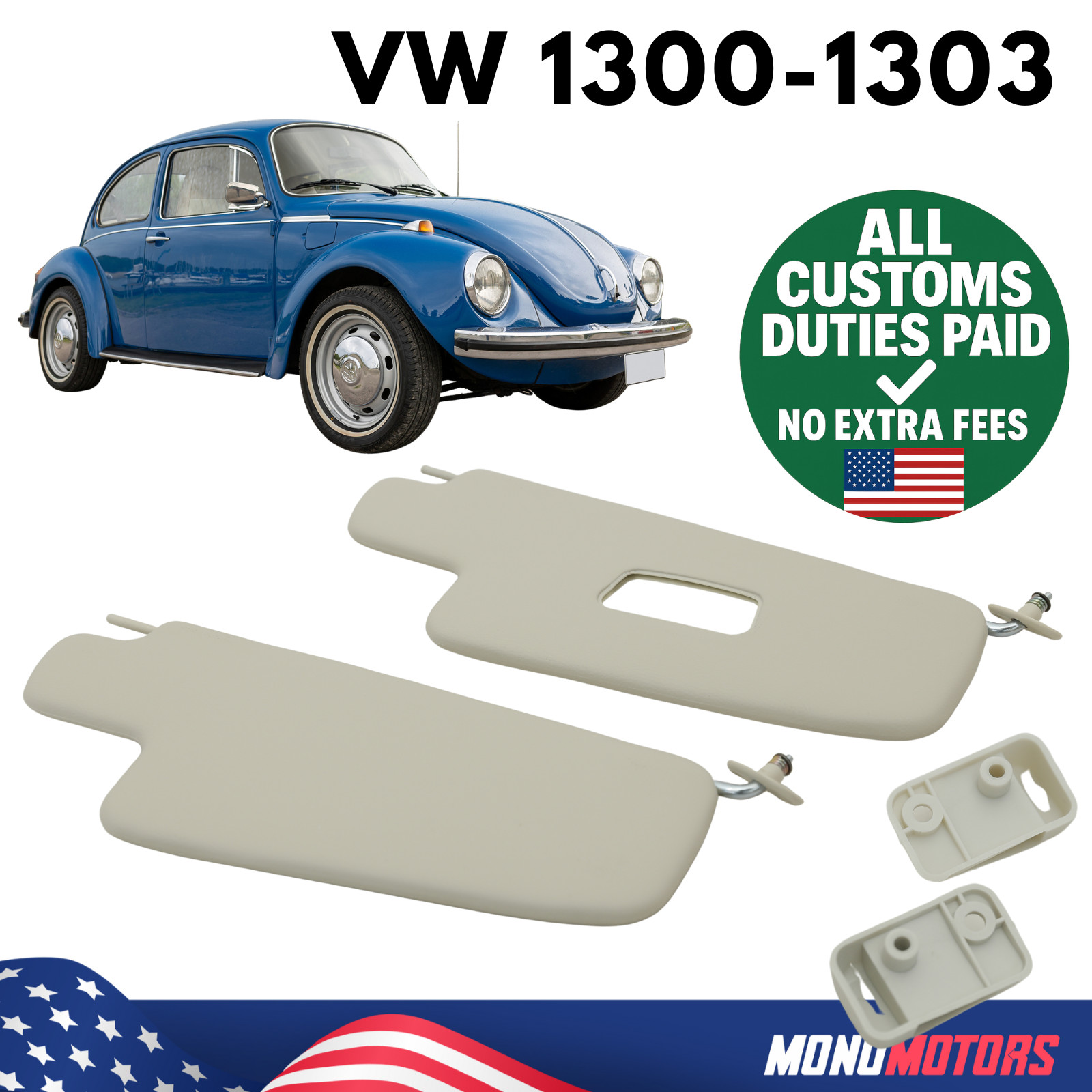 SUN VISOR SET FOR VW BEETLE 1300 1303 1965-1975 IVORY INTERIOR WITH CLIPS