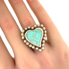 Mexican ATI Vintage Turquoise, Sterling Silver Heart Ring Sz. 8