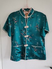Vintage Turquoise Satin Chinese Jacket Cheongsam Mandarin Collar Top Size 8