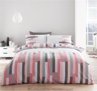 Bettwäscheset Grau Rosa Streifen Geometrisch Neu Mädchen Bettwäsche Bettbezug AUSVERKAUF