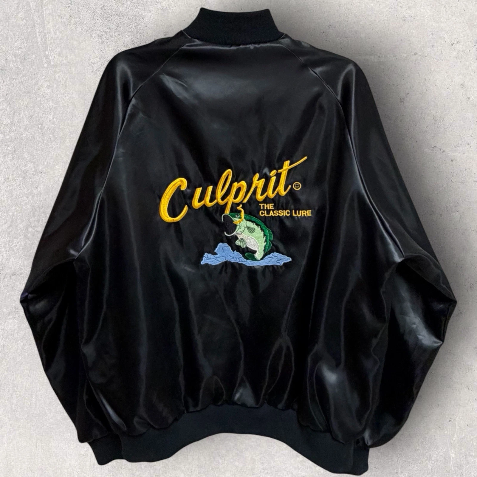 Vtg Culprit Bass Fishing Satin Bomber Jacket Westark Made In USA Large 24”x27”