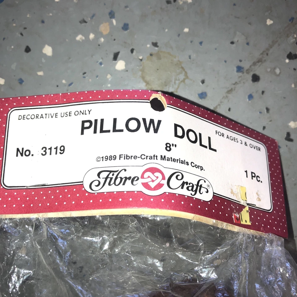 Muñeca almohada vintage de fibra artesanal de 8" pelo castaño con ojos azules parpadeantes 3119 1989 Foto 4 de 4