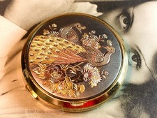 Peacocks-silver and gold tone vintage Powder Compact: Makeup Mirror-0l