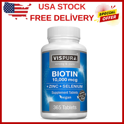Biotin 10000 mcg with Zinc, Selenium, 365 Tablets 12 Months Vegan & Extra Strong