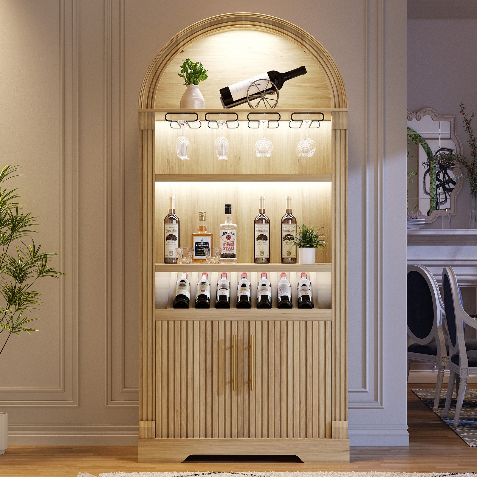 Gurexl 71" Tall Wine Cabinet with LED Lights, 4-Tier Bar Cab