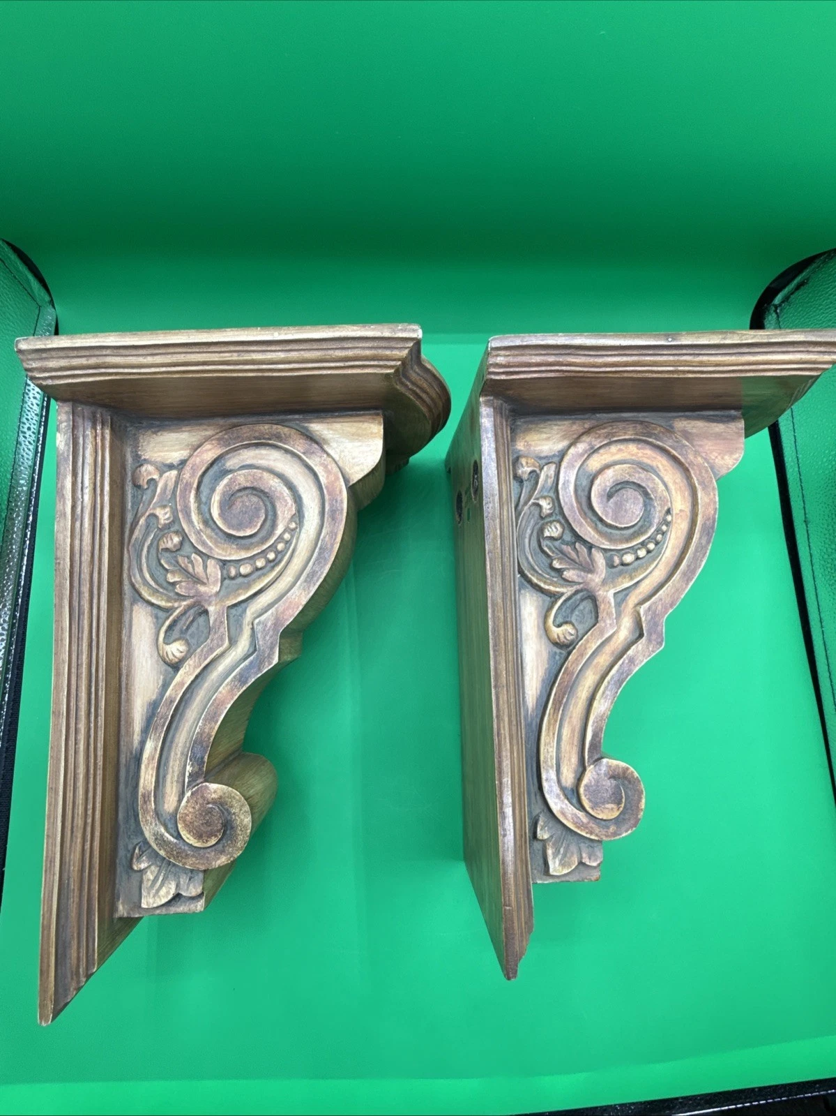 Pair of Southern Living Ornate Faux Wood Corbel Style Hanging Wall Shelves