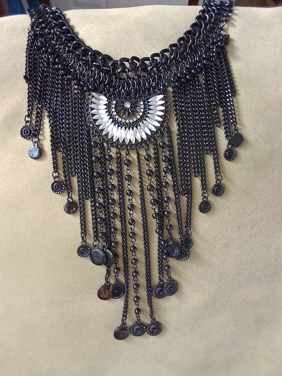 Large Statement Cascading Bib Type Necklace Black… - image 1