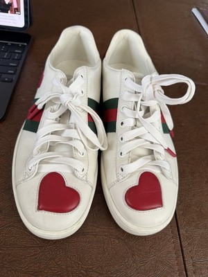 Authentic GUCCI White Leather Ace Heart Embroidered Web Low Top Sneakers 36.5