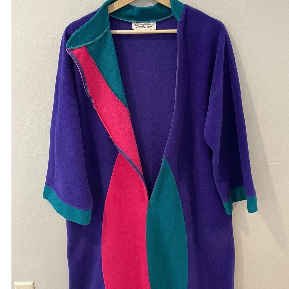 Vintage 80s Vanity Fair Velour Robe House Coat Blue Green Pink Zip Up Sz Medium - Image 3 of 4
