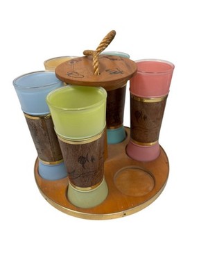 Vintage Mid-Century 1960s Siesta Ware Tiki Wood Frosted Glass Set of 5 + Holder