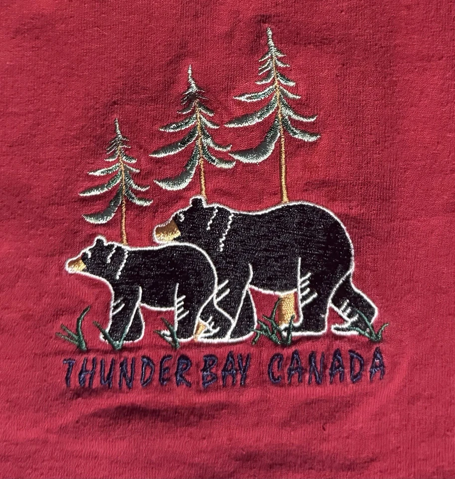 复古红色 90 年代刺绣 Thunder Bay Canada T 恤,带熊设计,尺寸 L — 第 3/4 张图片