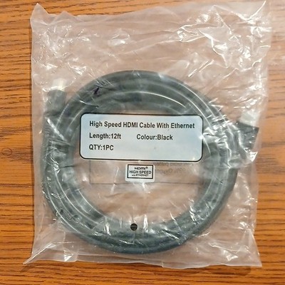 High Speed HDMI Cable with Ethernet, Gold Plated, ARC, Triple Shield, 12ft Black