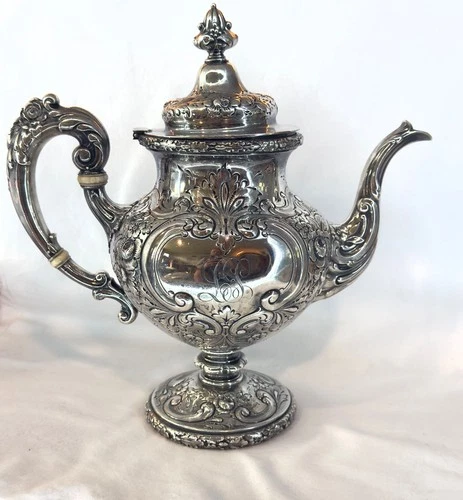 Antique Reed & Barton Flora Sterling Silver Teapot - Monogrammed - Over 30oz