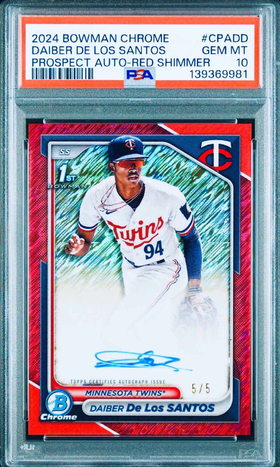 2024 Daiber De Los Santos Bowman Chrome Red Shimmer /5 Auto RC 1st PSA 10
